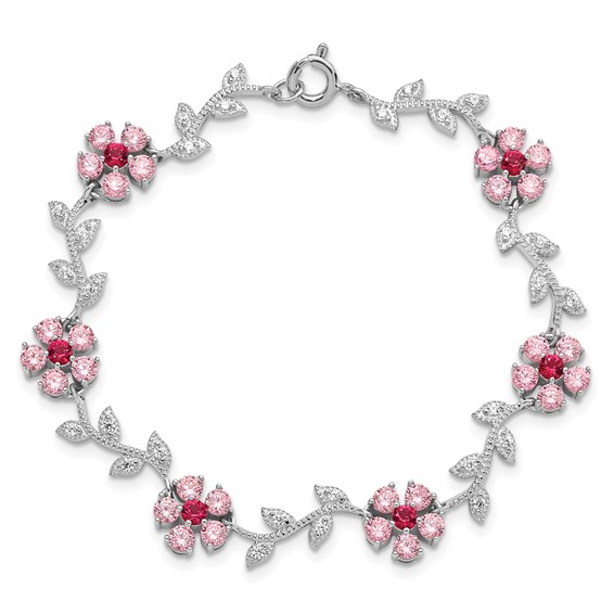 Sterling Silver Rhod-plated 7.5in Pink and Clear CZ Flower Bracelet