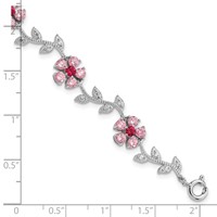 Sterling Silver Rhodium-plated Pink and Clear CZ Flower Bracelet, 7.5" view 3