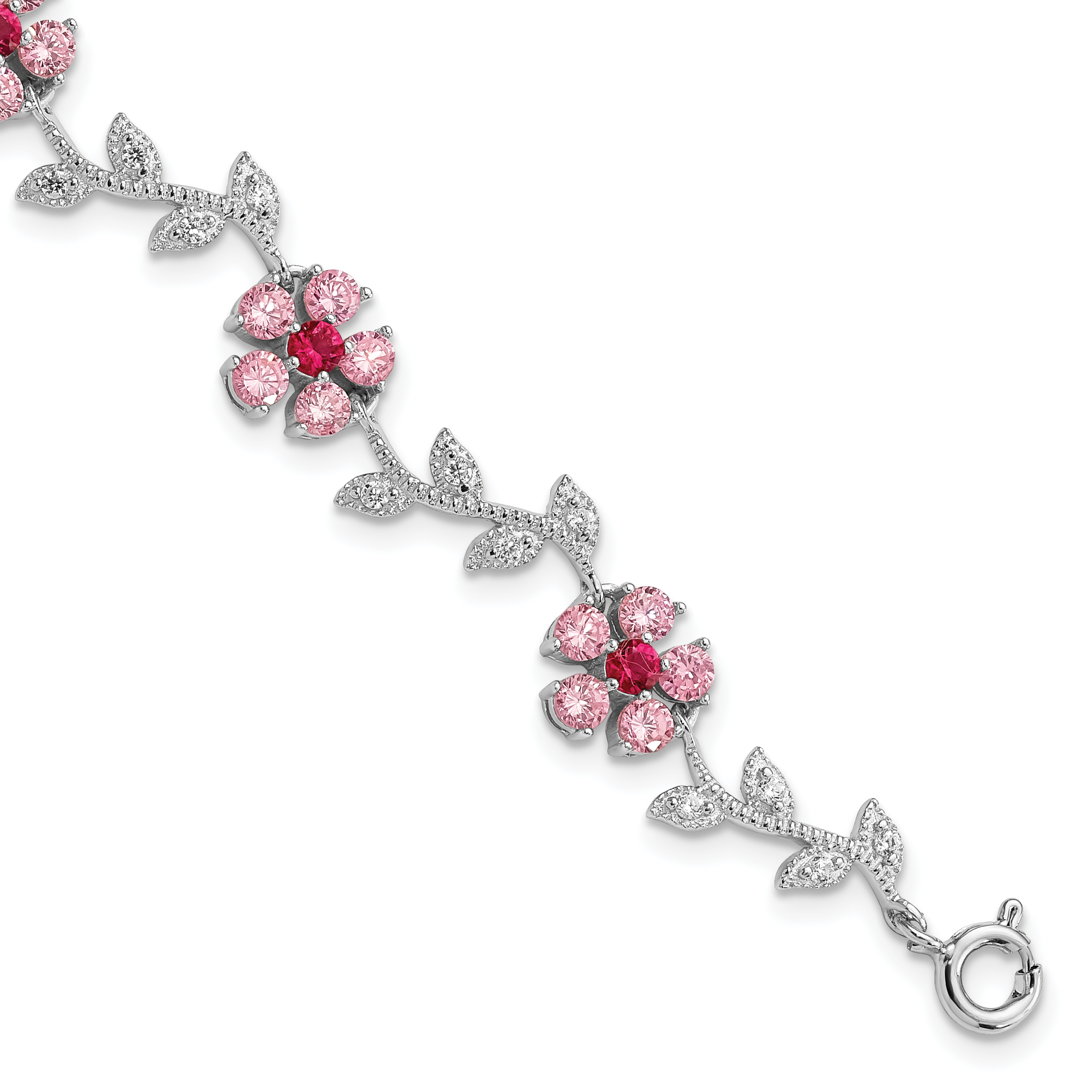 Sterling Silver Rhod-plated 7.75in Pink and Clear CZ Flower Bracelet (QX420CZ)