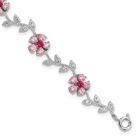 Sterling Silver Rhodium-plated Pink and Clear CZ Flower Bracelet, 7.5" view 1