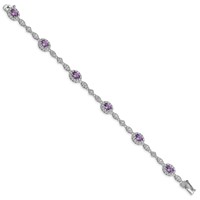 Sterling Silver Rhodium-plated Oval Purple and Clear CZ Halo Bracelet, 7" view 2