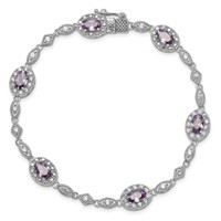 Sterling Silver Rhodium-plated Oval Purple and Clear CZ Halo Bracelet, 7" view 4