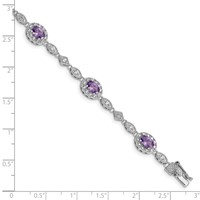 Sterling Silver Rhodium-plated Oval Purple and Clear CZ Halo Bracelet, 7" view 3