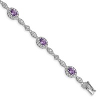 Sterling Silver Rhodium-plated Oval Purple and Clear CZ Halo Bracelet, 7" view 1