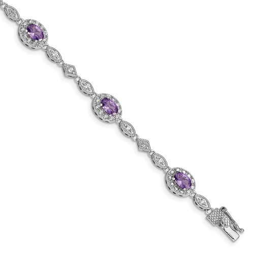 Sterling Silver Rhodium-plated Oval Purple and Clear CZ Halo Bracelet, 7"