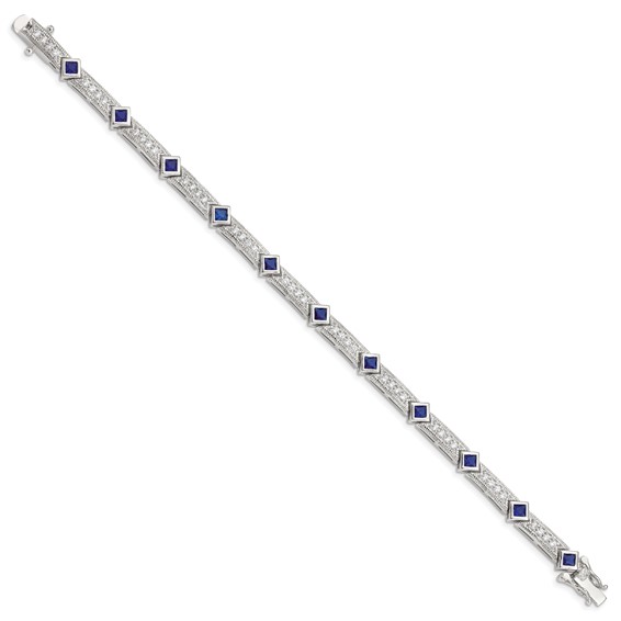 Sterling Silver Rhodium-plated Blue Glass and CZ 7.75 inch Bracelet