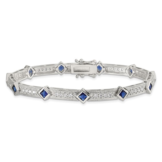 Sterling Silver Rhodium-plated Blue Glass and CZ 7.75 inch Bracelet