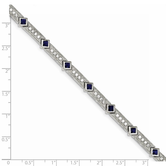 Sterling Silver Rhodium-plated Blue Glass and CZ 7.75 inch Bracelet