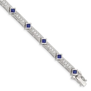 Sterling Silver Rhodium-plated Blue Glass and CZ 7.75 inch Bracelet