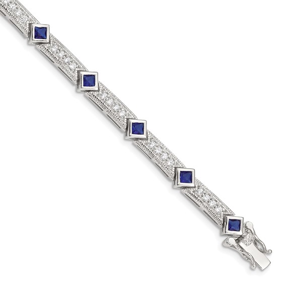 Sterling Silver Rhodium-plated Blue Glass and CZ 7.75 inch Bracelet