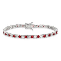 Sterling Silver Rhodium-plated Red Glass Stone and CZ Tennis Bracelet, 7" view 4