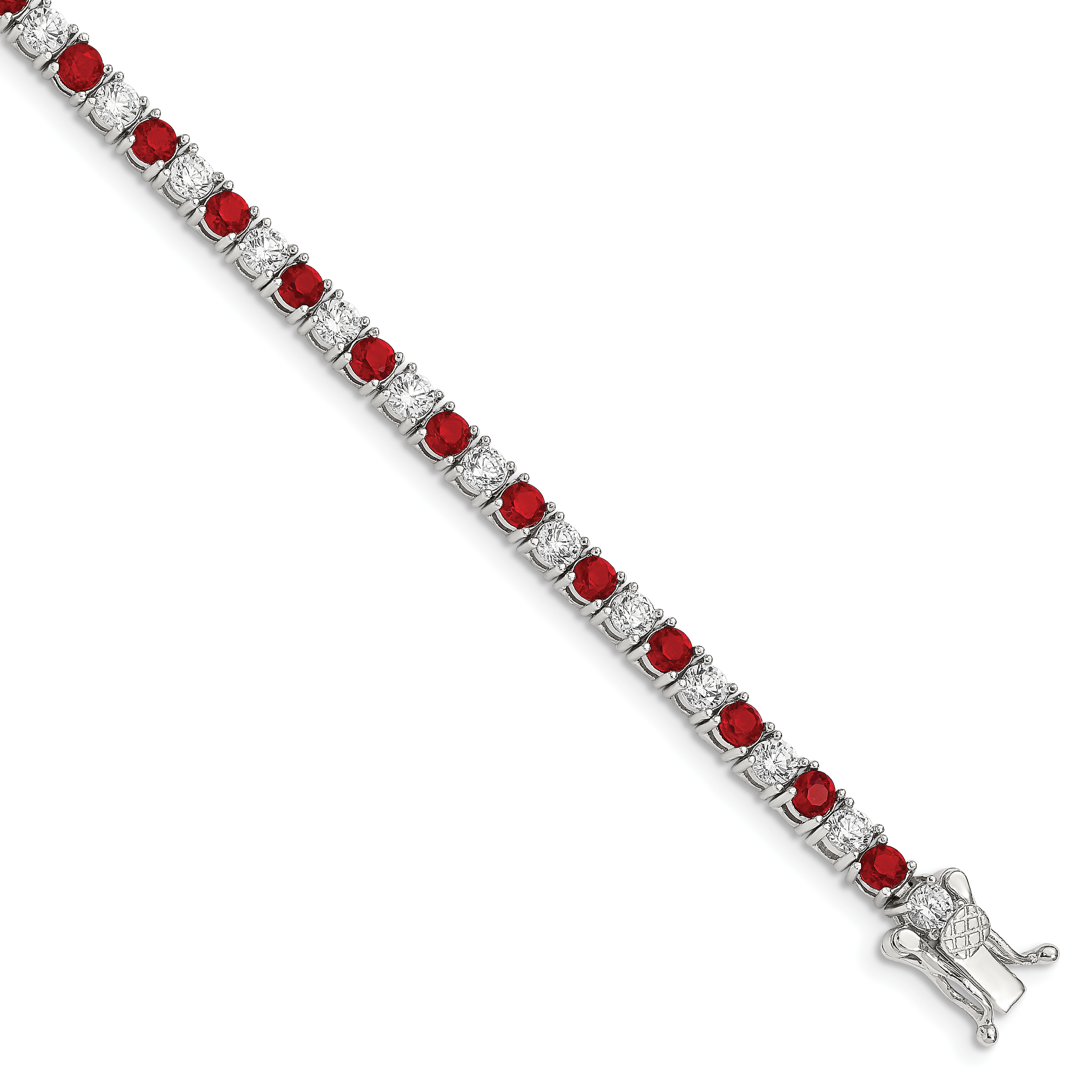 Sterling Silver Rhodium-plated Red Glass and CZ  7 inch Bracelet (QX439CZ)