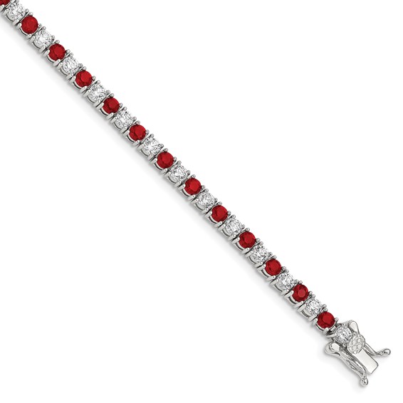 Sterling Silver Rhodium-plated Red Glass and CZ  7 inch Bracelet