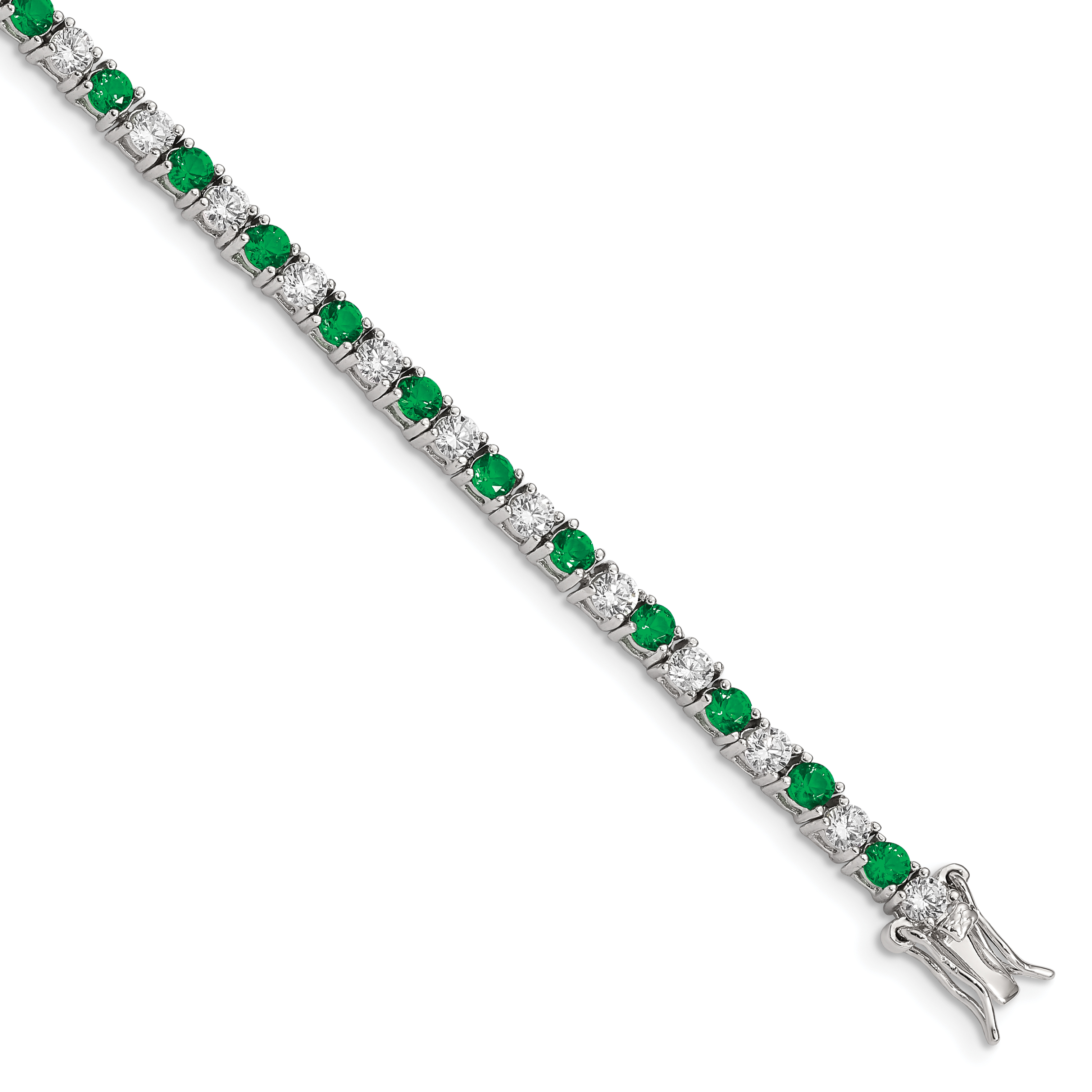 Sterling Silver Rhodium-plated Green Glass and CZ  7 inch Bracelet (QX440CZ)