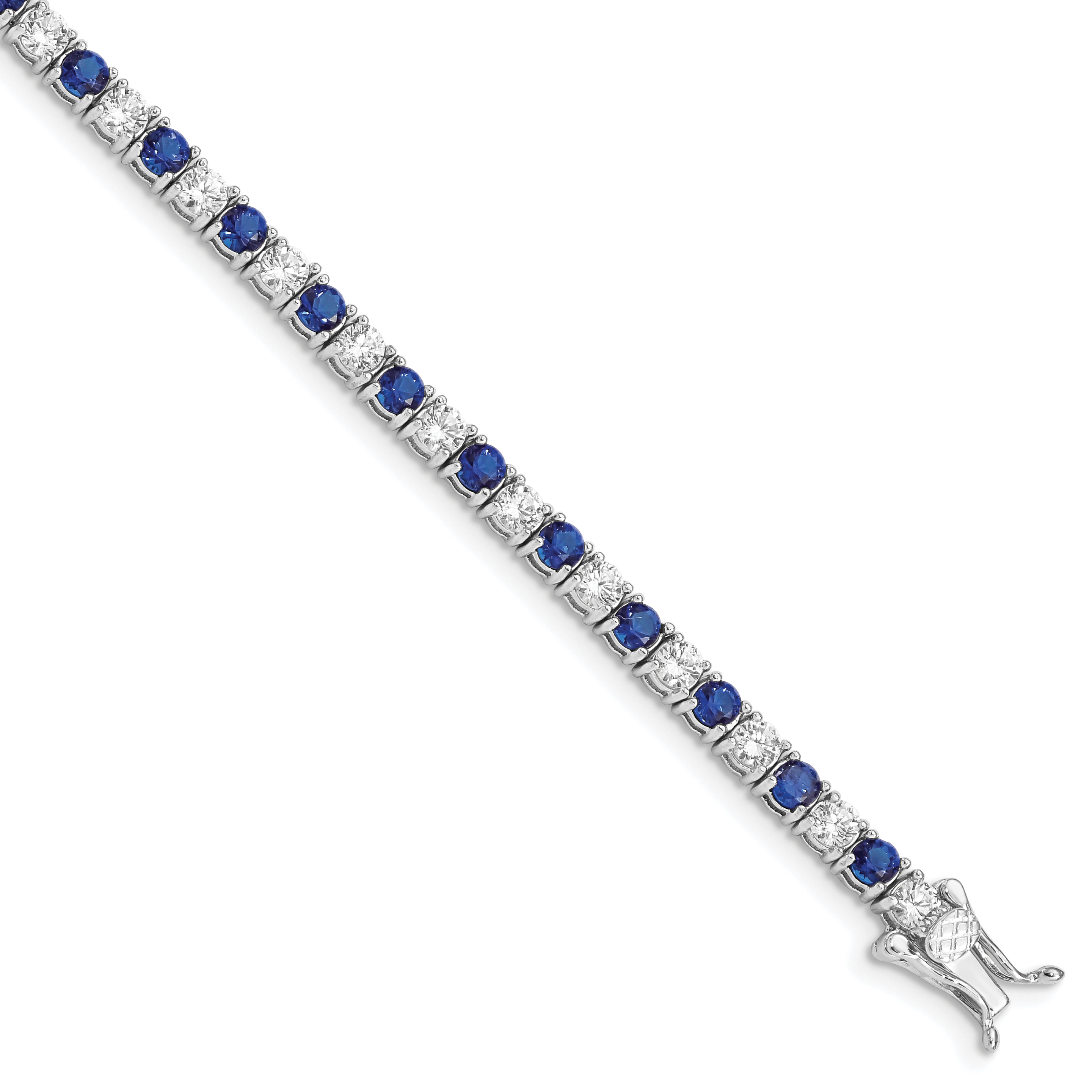 Sterling Silver Rhodium-plated Blue Glass and CZ 7 inch Bracelet (QX441CZ)