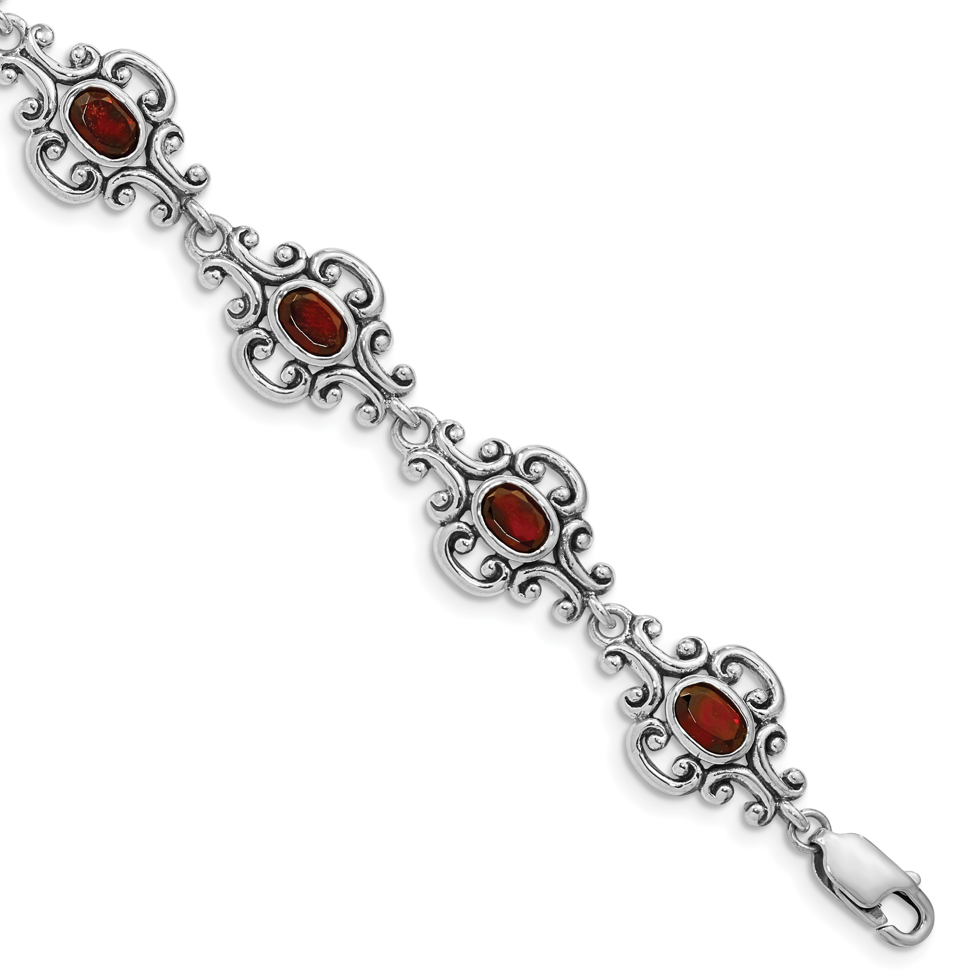 Sterling Silver Rhodium Plated Antiqued Garnet Bracelet (QX469GA)