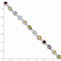 Sterling Silver Rhod Plated Rainbow Multi-gemstone Bracelet, 7" view 4