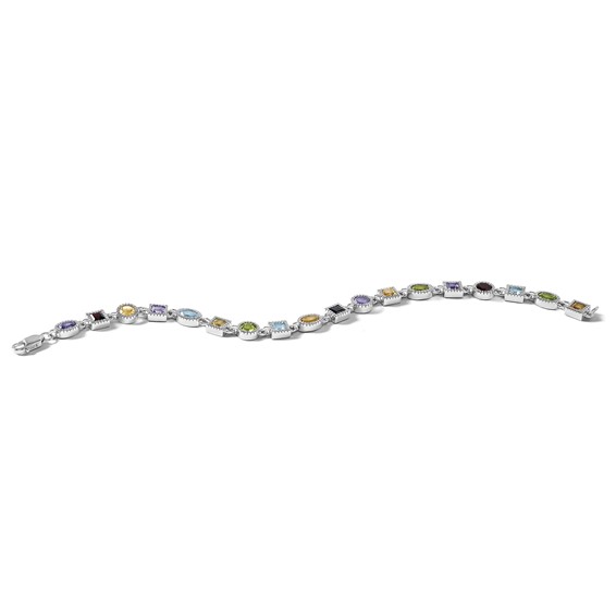 Sterling Silver 7inch Rhod Plated Rainbow Multi-gemstone Bracelet