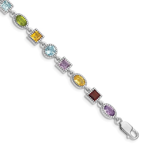 Sterling Silver Rhod Plated Rainbow Multi-gemstone Bracelet, 7"