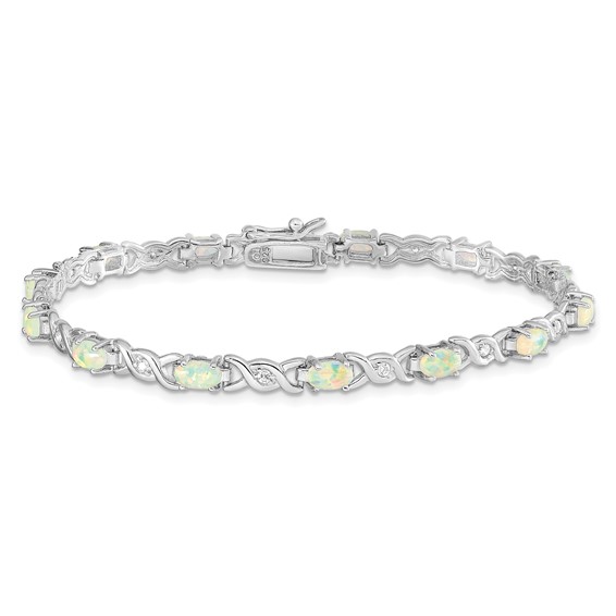 Sterling Silver 7.5inch Rhod-plated White Created Opal and CZ Bracelet