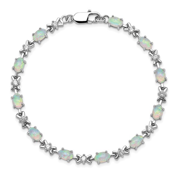 Sterling Silver Rhodium Plated 7inch CZ/Created Opal XO Bracelet