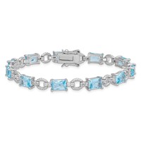 Sterling Silver Rhodium-plated Clear and Blue Emerald-shape CZ Bracelet, 7.5" view 3