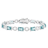 Sterling Silver Rhodium-plated Clear and Blue Emerald-shape CZ Bracelet, 7.5" view 4