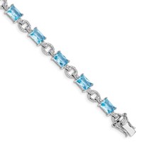 Sterling Silver Rhodium-plated Clear and Blue Emerald-shape CZ Bracelet, 7.5" view 1