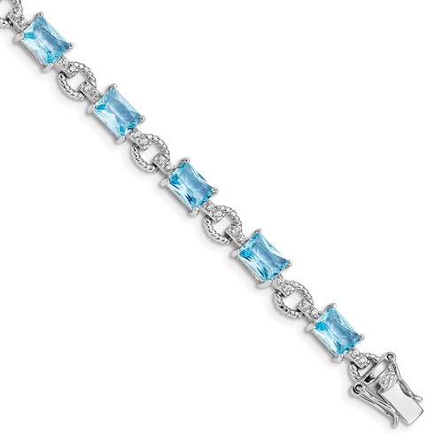 Sterling Silver Rhodium-plated Clear and Blue Emerald-shape CZ Bracelet, 7.5"