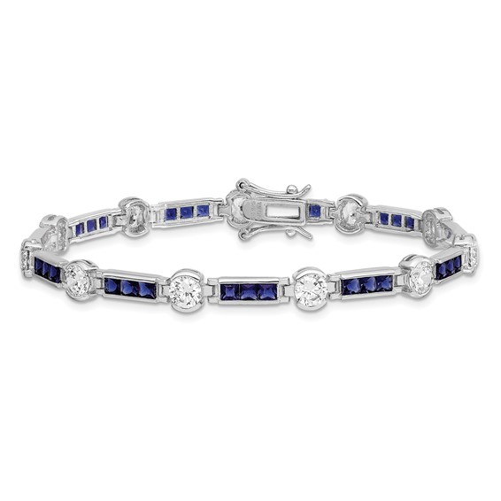 Sterling Silver Rhodium-plated Blue Glass and CZ 7.5 inch Bracelet