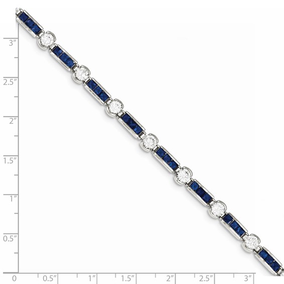 Sterling Silver Rhodium-plated Blue Glass and CZ 7.5 inch Bracelet