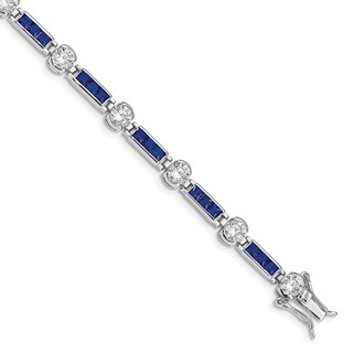 Sterling Silver Rhodium-plated Blue Glass and CZ 7.5 inch Bracelet