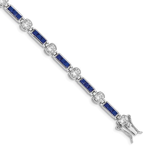 Sterling Silver Rhodium-plated Princess-cut Blue Glass and Round CZ Bracelet, 7.5"