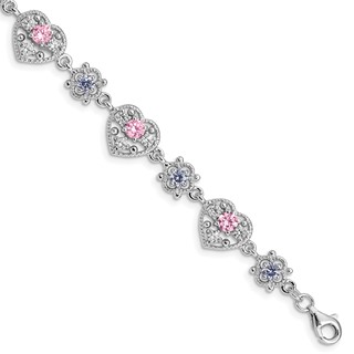 Sterling Silver Rhod-plated 7inch Pink and Clear CZ Heart Bracelet