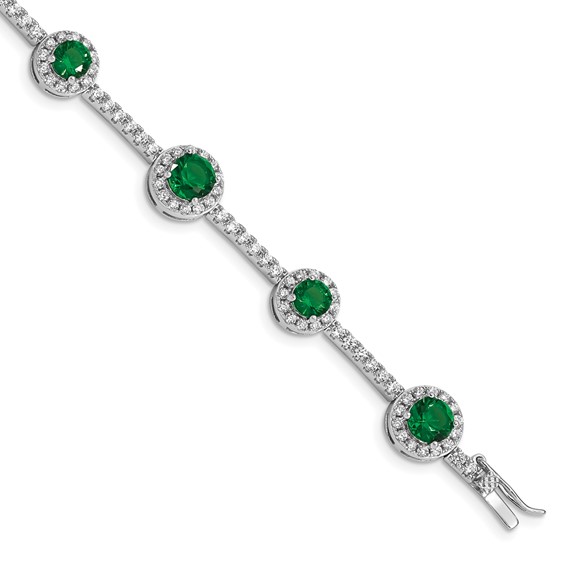 Sterling Silver Rhodium-plated 7.5inch Green and Clear CZ Bracelet