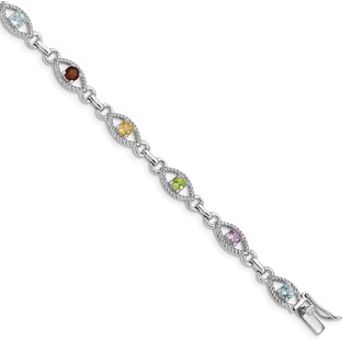 Sterling Silver 7in Rhod Plated Multicolored Gemstone Link Bracelet