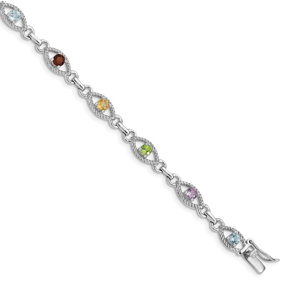 Sterling Silver 7in Rhod Plated Multicolored Gemstone Link Bracelet