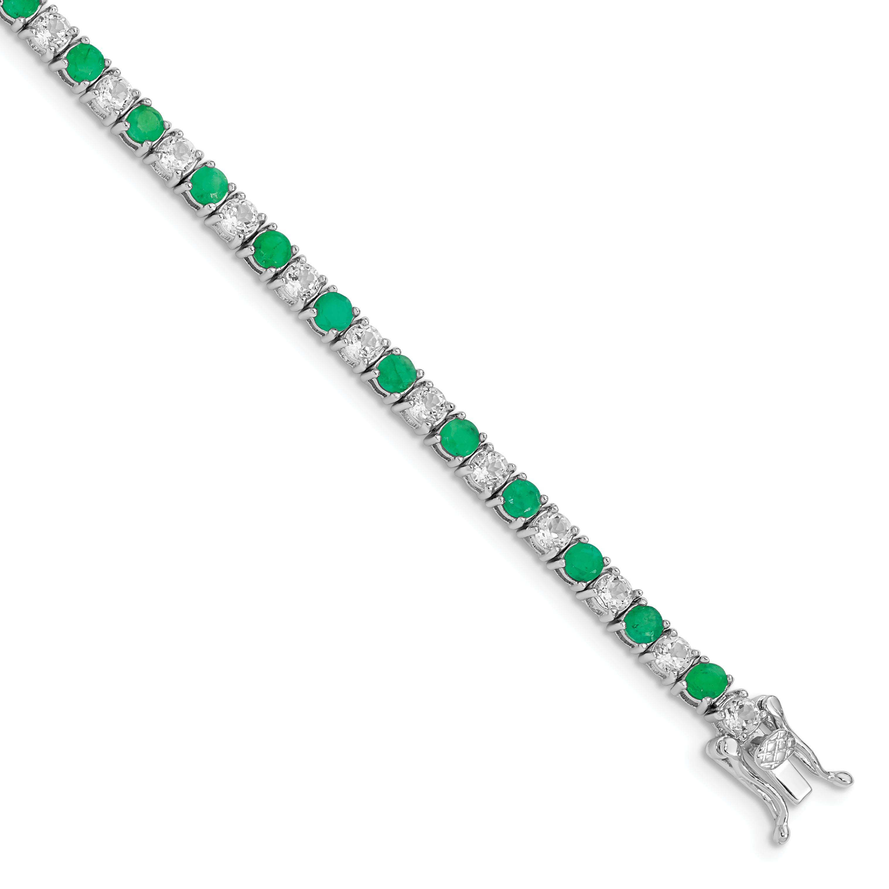 Sterling Silver Rhodium-plated Emerald & White Topaz Tennis Bracelet (QX807E)