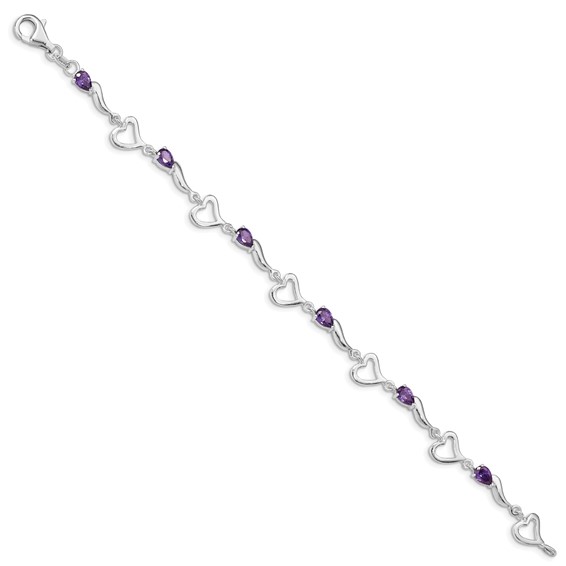 Sterling Silver Rhodium-plated Amethyst Polished Fancy Heart Bracelet