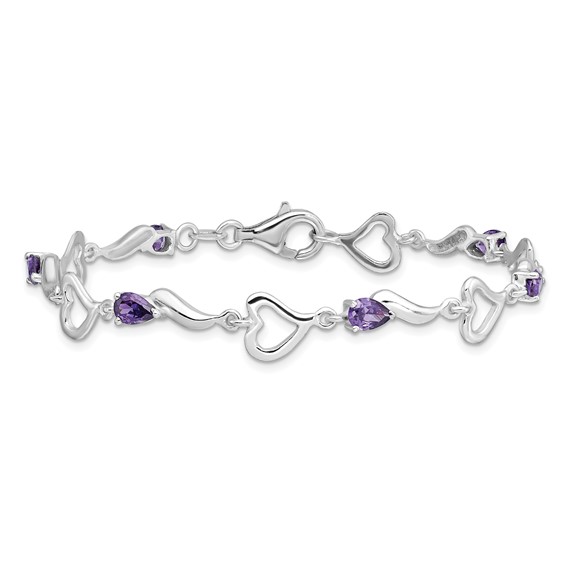 Sterling Silver Rhodium-plated Amethyst Polished Fancy Heart Bracelet