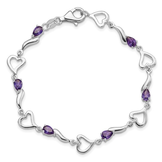 Sterling Silver Rhodium-plated Amethyst Polished Fancy Heart Bracelet