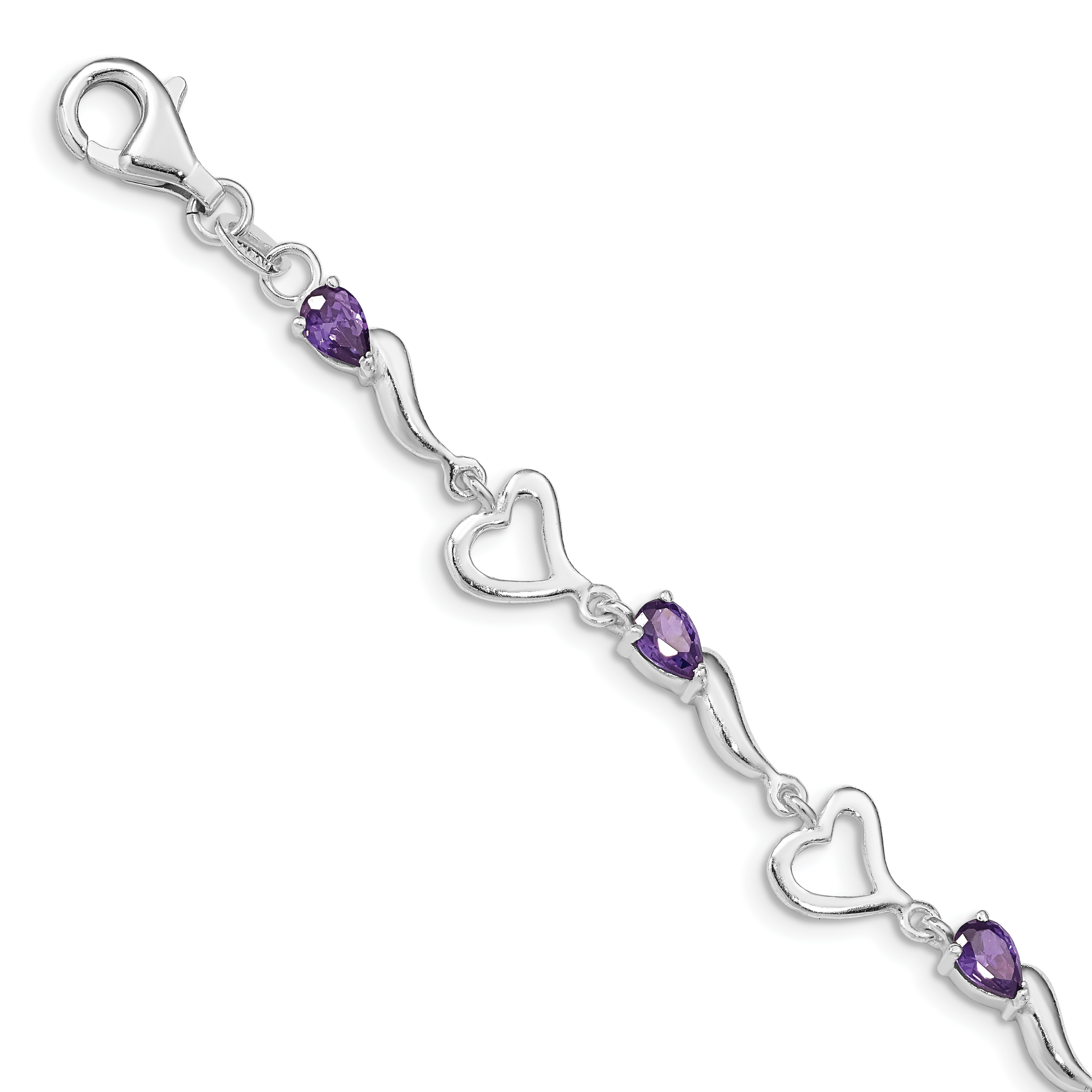 Sterling Silver Rhodium-plated Amethyst Polished Fancy Heart Bracelet (QX809AM)