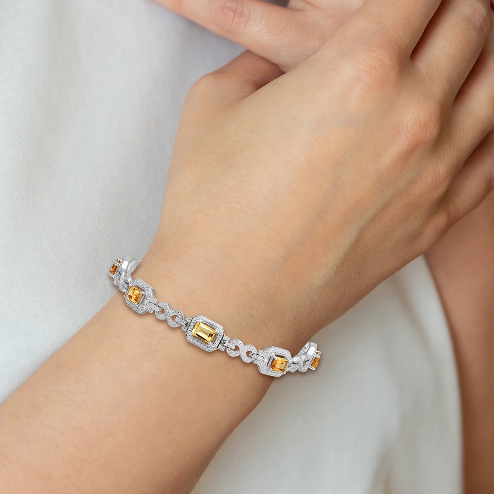 Sterling Silver Rhodium-plated Diamond & Citrine Bracelet (QX818CI)