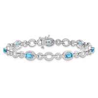 Sterling Silver Rhodium-plated Dia. & Lt Swiss Blue Topaz Oval Bracelet view 3