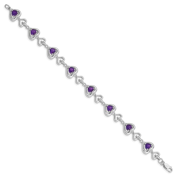 Sterling Silver Rhodium-plated Diamond & Heart Link Amethyst Bracelet