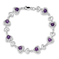Sterling Silver Rhodium-plated Diamond & Heart Link Amethyst Bracelet view 4