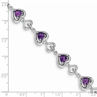 Sterling Silver Rhodium-plated Diamond & Heart Link Amethyst Bracelet view 3