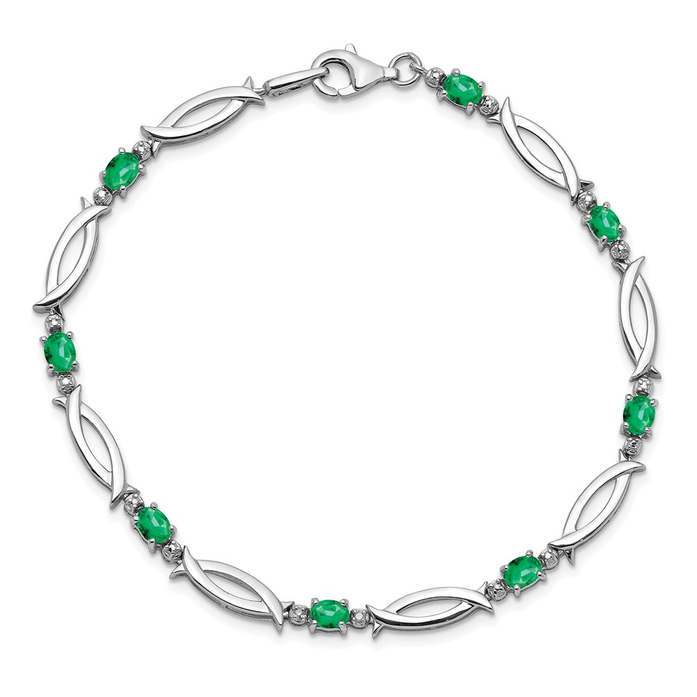 Sterling Silver Rhodium-plated Emerald and Diamond Bracelet (QX856E)