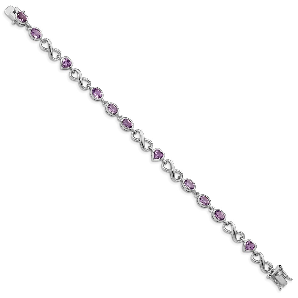 Sterling Silver Rhodium-plated Oval Heart Amethyst Bracelet (QX874AM)