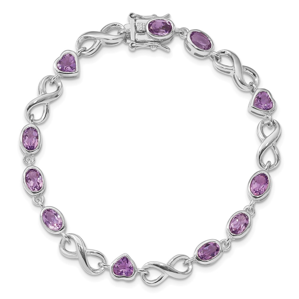 Sterling Silver Rhodium-plated Oval Heart Amethyst Bracelet (QX874AM)